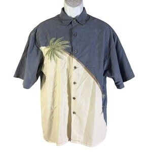 BAMBOO CAY Men's Short Sleeve Button Down Palm-Tree Hawaiian Shirt Blue White LG